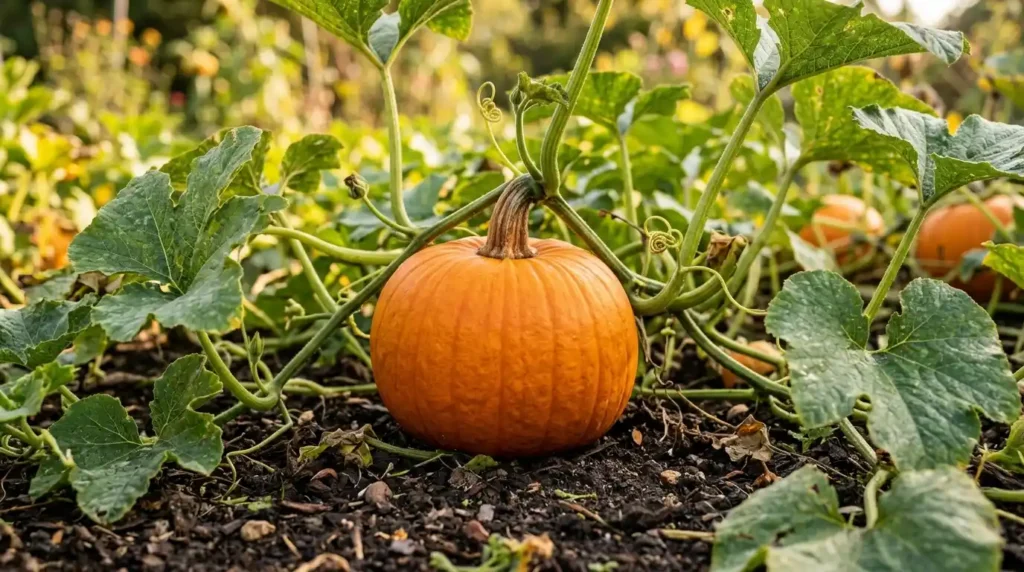 Pumpkin plant with bright orange fruit and sprawling vines growing in a sunny garden