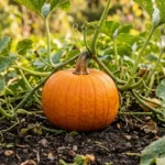Pumpkin plant with bright orange fruit and sprawling vines growing in a sunny garden