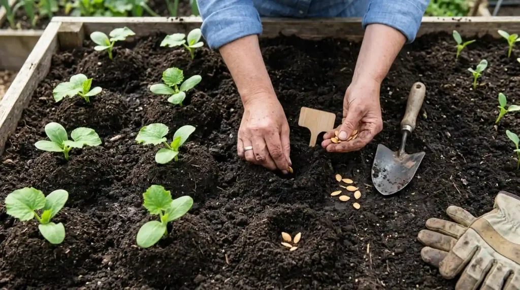 Hands planting pumpkin plant seeds into rich dark soil mounds in a garden bed