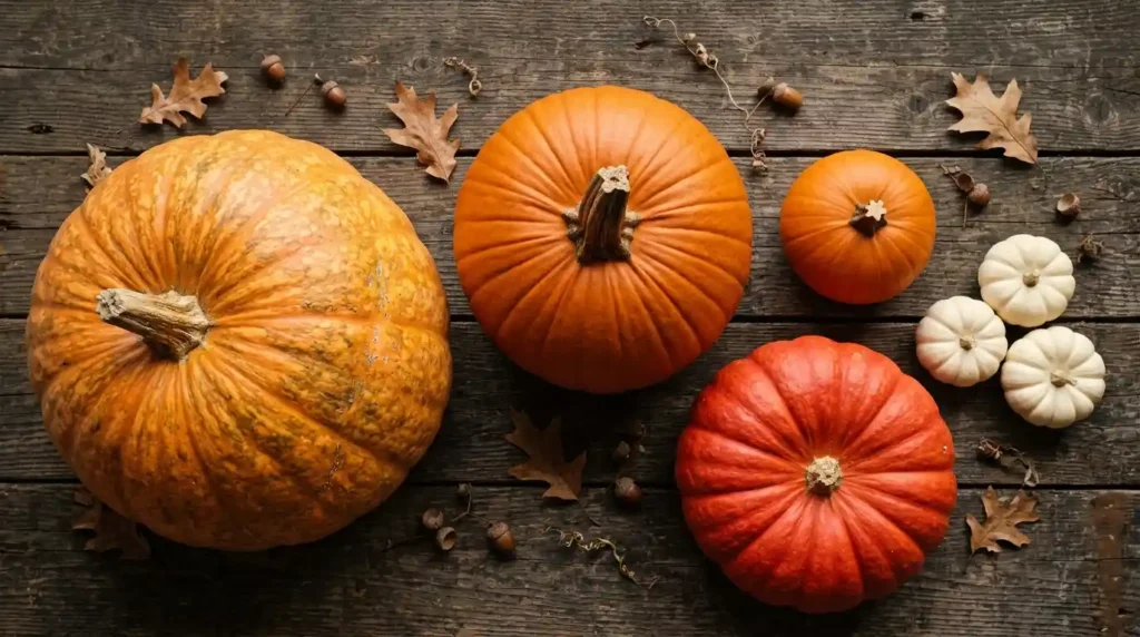 Five pumpkin plant varieties displayed together including Jack-o'-Lantern, Sugar Pie, Cinderella, Atlantic Giant, and Baby Boo