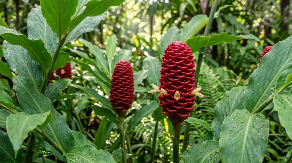 Vibrant crimson red pinecone-shaped flower heads surrounded by lush tropical green foliage in morning light