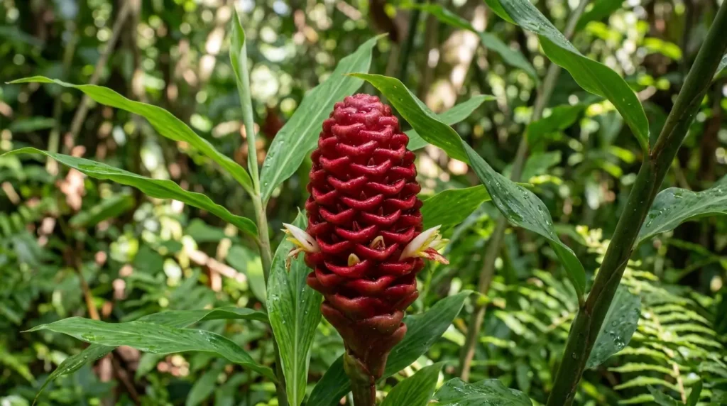 Shampoo ginger plant with deep red pinecone-shaped flower heads in a tropical garden
