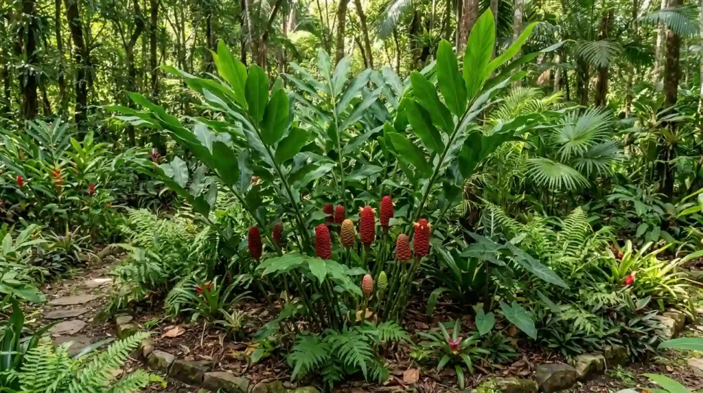 Shampoo ginger plant growing at full height in a lush tropical garden with multiple pinecone blooms