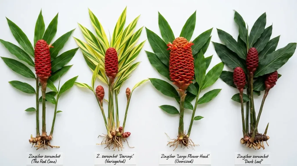 Four varieties of shampoo ginger plant including Darcey, Standard, Variegatum and Awakening displayed side by side