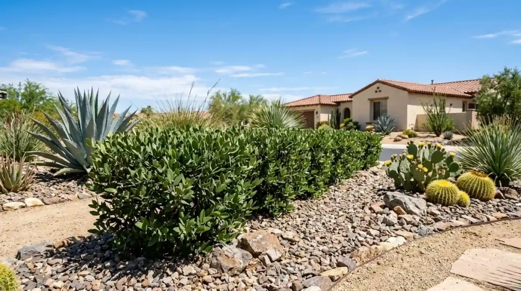 Simmondsia chinensis jojoba shrubs planted as a drought-tolerant hedge in a xeriscape garden