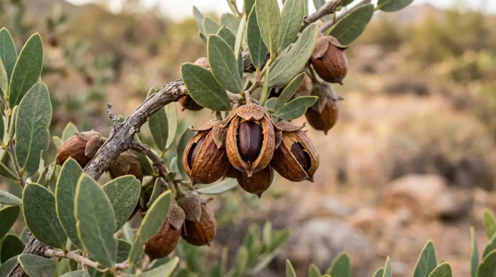 Ripe Simmondsia chinensis jojoba fruits and seed capsules growing on a shrub branch
