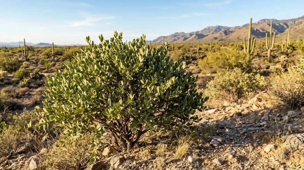 jojoba shrub growing in sandy rocky desert soil under full sun