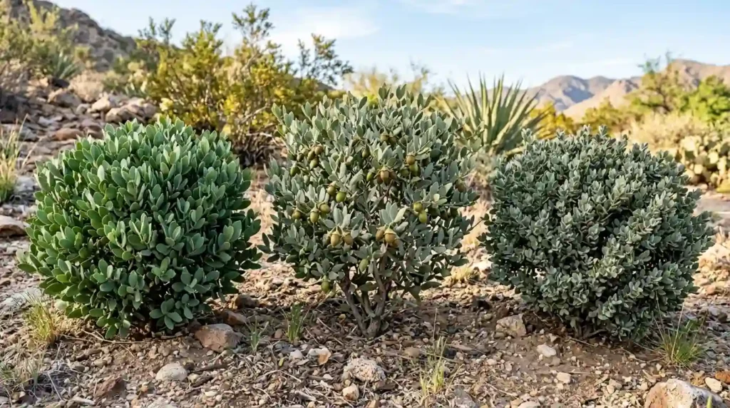 Three Simmondsia chinensis jojoba cultivar varieties growing side by side in a desert garden