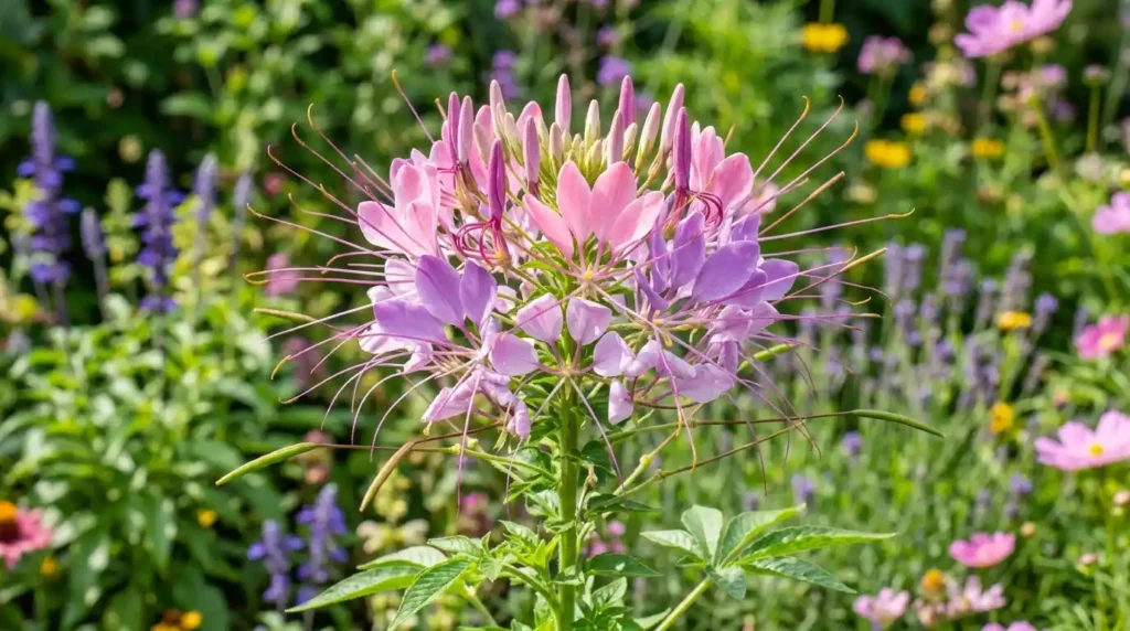Close-up of pink and purple blooms with long thread-like stamens growing in a sunny garden border