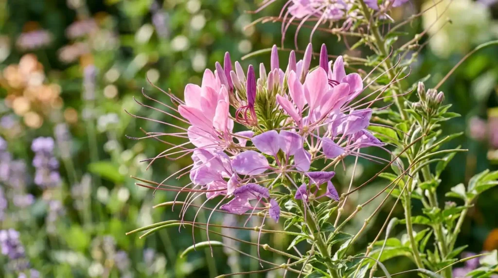 Spider flower Cleome hassleriana pink and purple blooms with spidery stamens in a sunny garden