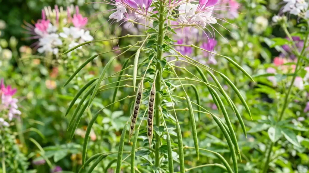 Spider flower seed pods and seeds close up on Cleome hassleriana stem in the garden
