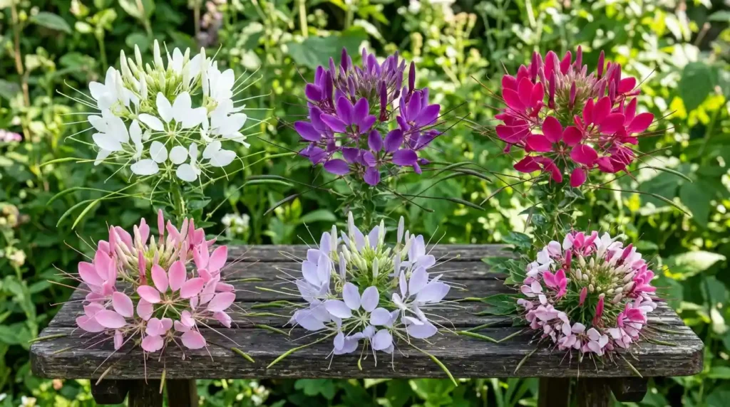 Six spider flower Cleome hassleriana cultivar varieties showing white, purple, pink and lavender blooms side by side