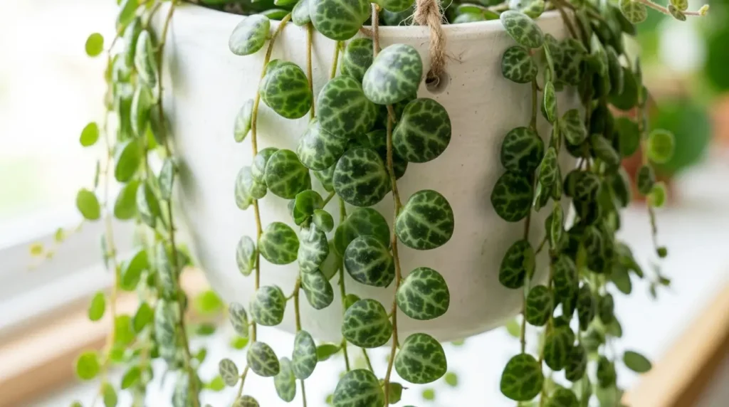 Peperomia prostrata trailing vines with turtle-shell patterned leaves in a white hanging pot