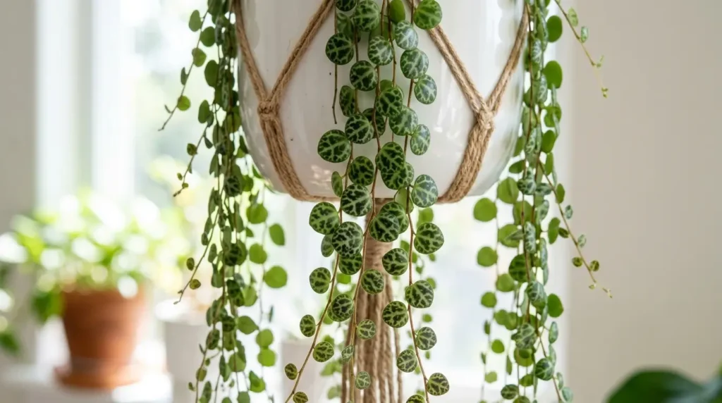 String of Turtles plant (Peperomia prostrata) with turtle-shell patterned leaves in a white hanging pot