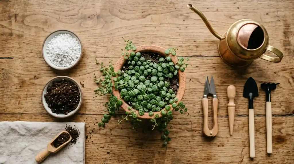 String of Turtles plant in a terracotta pot with gardening tools, watering can, and soil mix on a wooden table