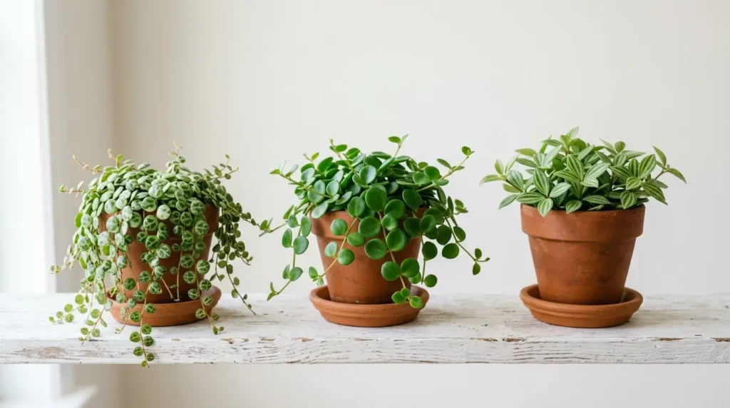 Three types of String of Turtles plant varieties including variegated Peperomia prostrata and related Peperomia species
