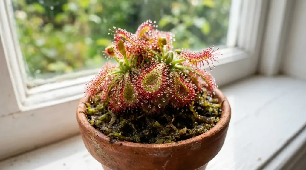 Sundew plant with glistening red sticky tentacles in bright natural light