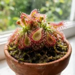 Sundew plant with glistening red sticky tentacles in bright natural light