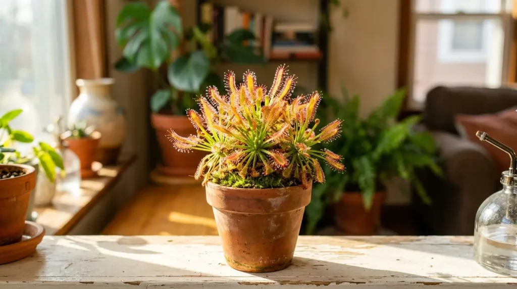 Healthy carnivorous Drosera with glowing red tentacles on a sunny windowsill indoors