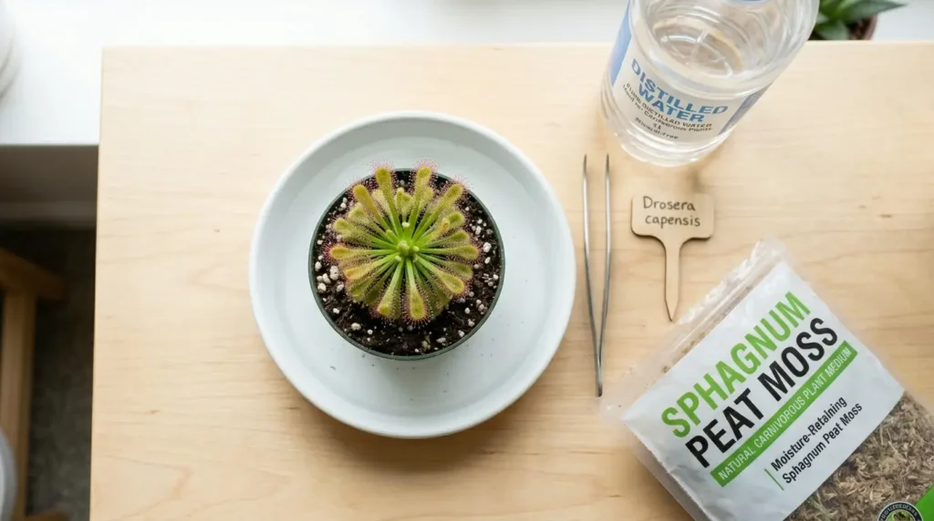 Sundew plant in a pot using the tray watering method with distilled water