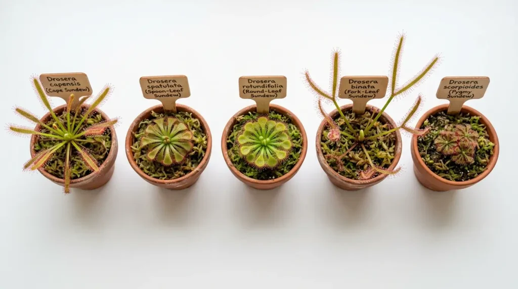 Five popular sundew plant varieties including Cape Sundew, Spoon-Leaf, Round-Leaf, Fork-Leaf, and Pygmy Drosera in small pots