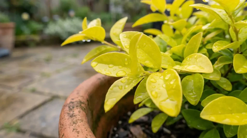 Close-up of glossy chartreuse-yellow sunshine ligustrum leaves growing in a pot