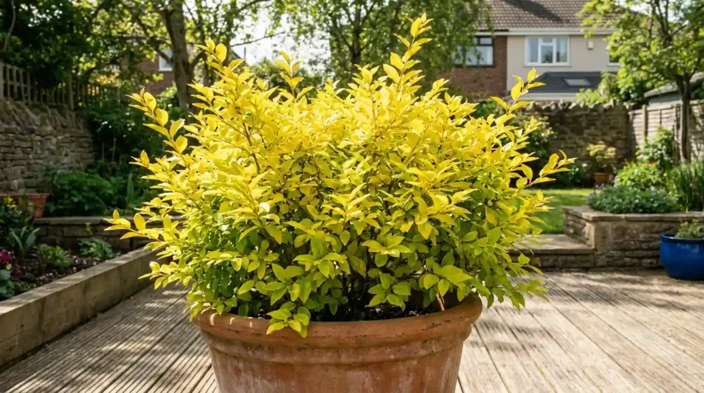 Potted sunshine ligustrum shrub with golden-yellow foliage on a backyard patio