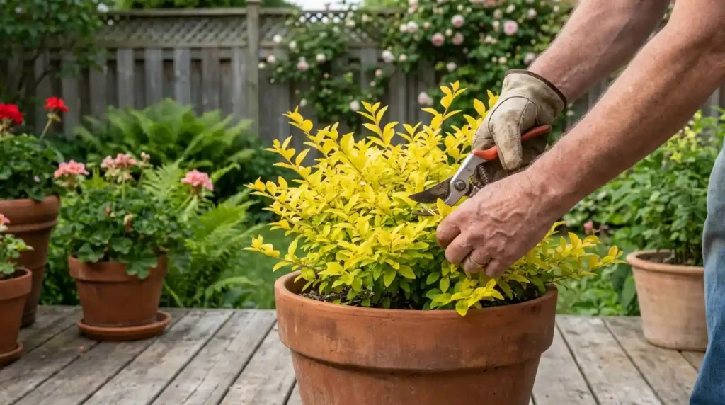 Gardener pruning a golden-leaved potted shrub on a backyard patio