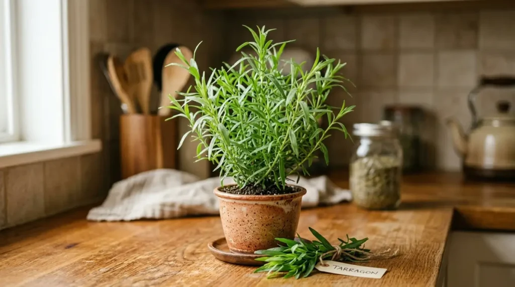 Fresh green herb plant in a ceramic pot on a wooden kitchen counter with warm natural lighting