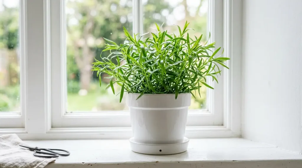 Tarragon plant growing in a white ceramic pot on a bright indoor kitchen windowsill