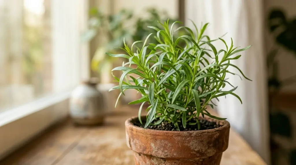 Close-up of tarragon plant leaves in a terracotta pot indoors showing slender glossy green foliage