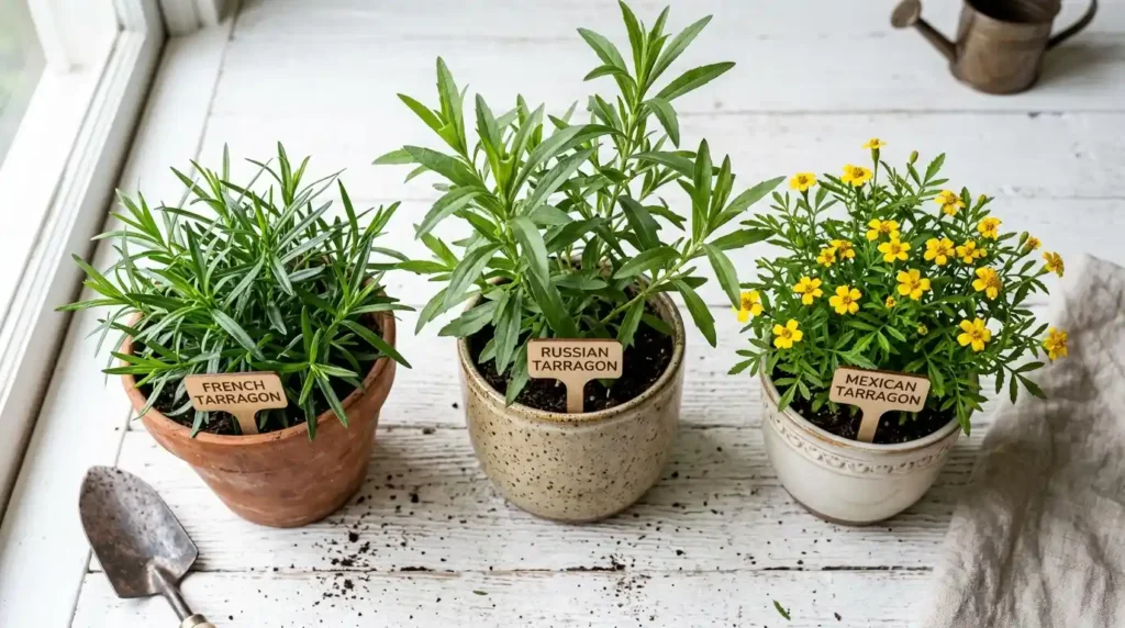 Three tarragon plant varieties side by side in ceramic pots — French, Russian, and Mexican tarragon indoors