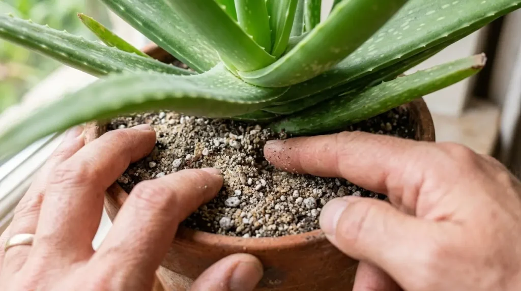 Checking well-draining soil as part of aloe vera plant care watering routine
