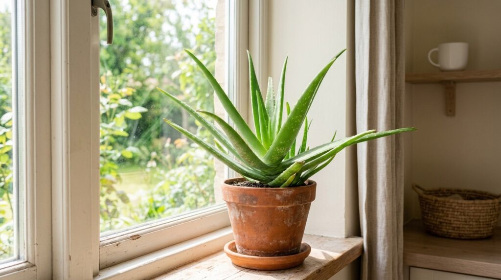 Aloe vera plant care guide — healthy aloe vera in a terracotta pot on a bright windowsill