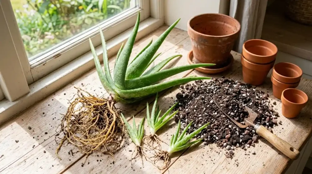 Aloe pups growing at the base of a mother plant, ready for separation and repotting
