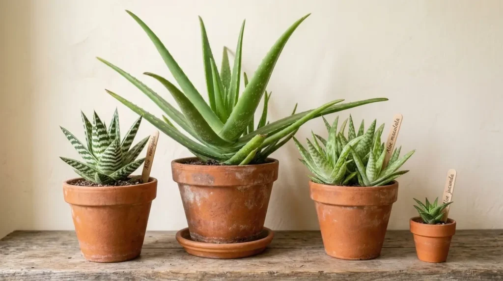 Different types of aloe vera for plant care — compact, true, tiger, and miniature varieties