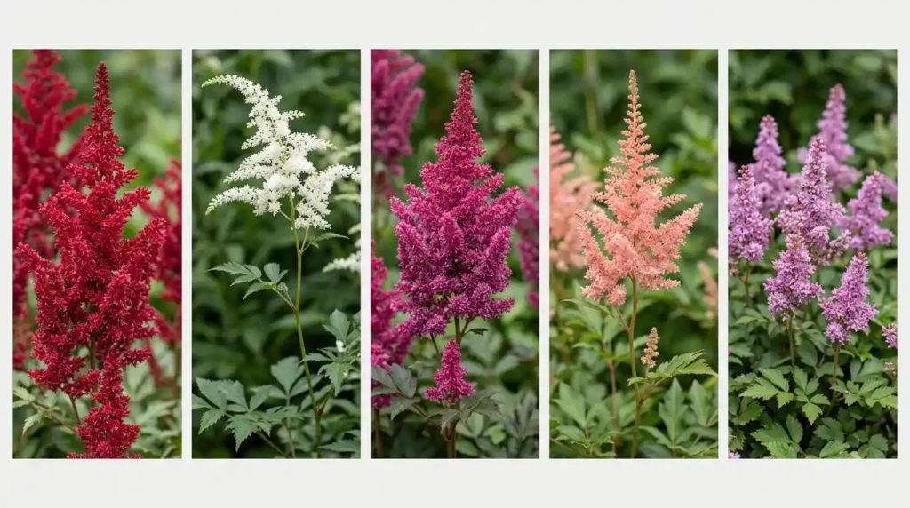 Astilbe plant care comparison showing five flower varieties side by side