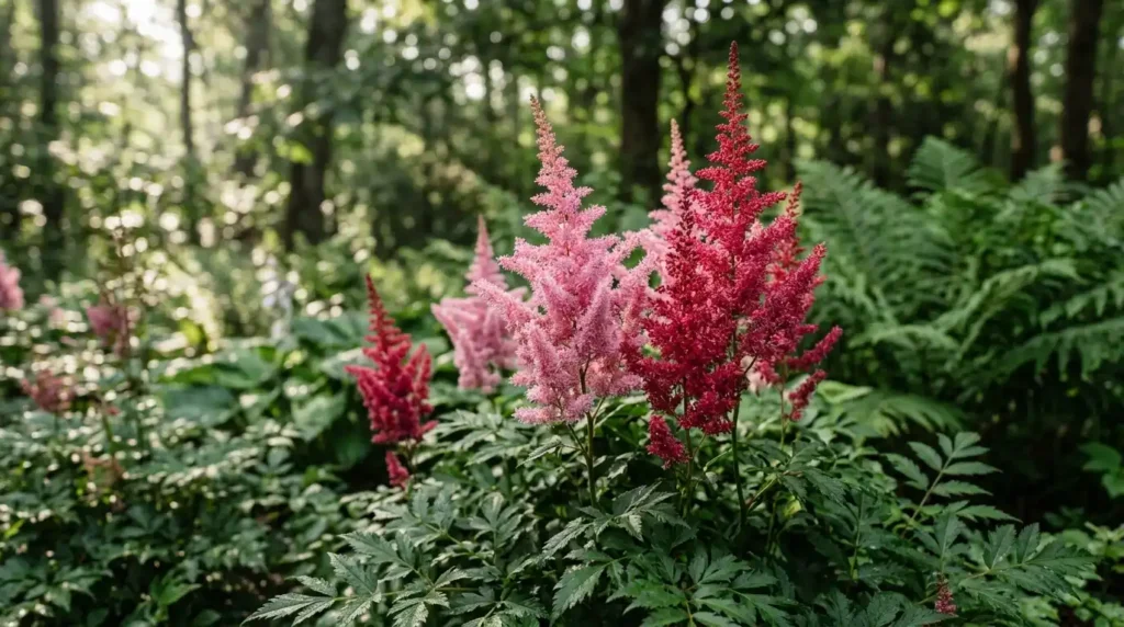 Astilbe plant care guide showing feathery pink flower plumes in a shade garden