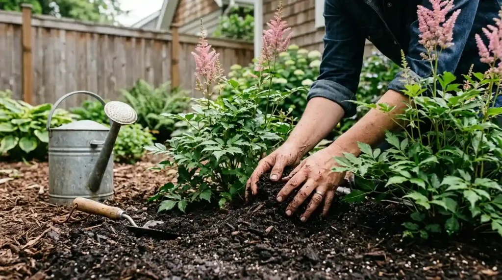 Astilbe plant care routine showing soil amendment and watering in a home garden