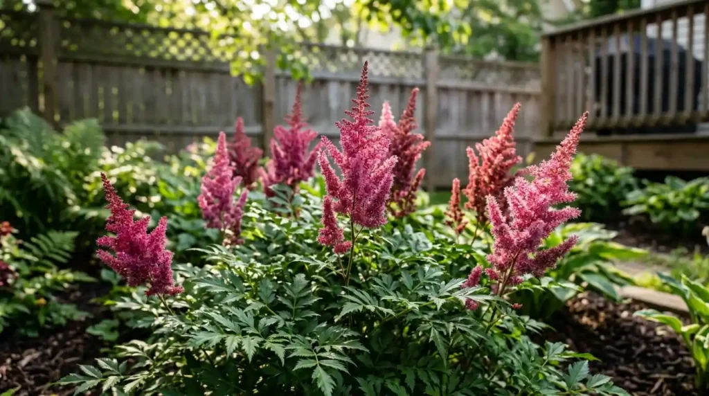 Astilbe plant care guide showing pink flower plumes in a home backyard garden