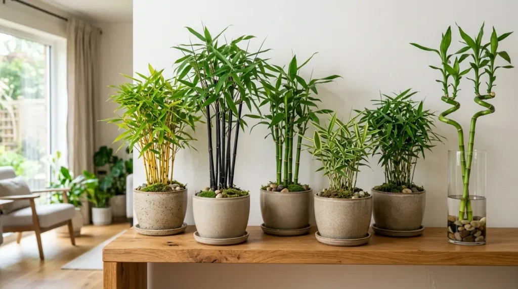 Different types of bamboo plants displayed together indoors in pots