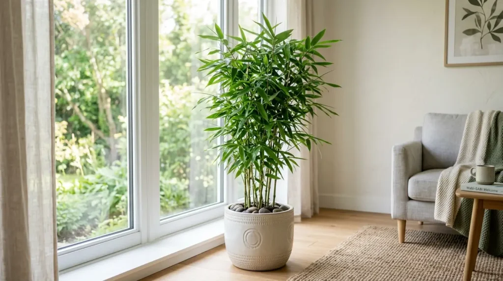 Indoor bamboo plants in a decorative pot near a bright window