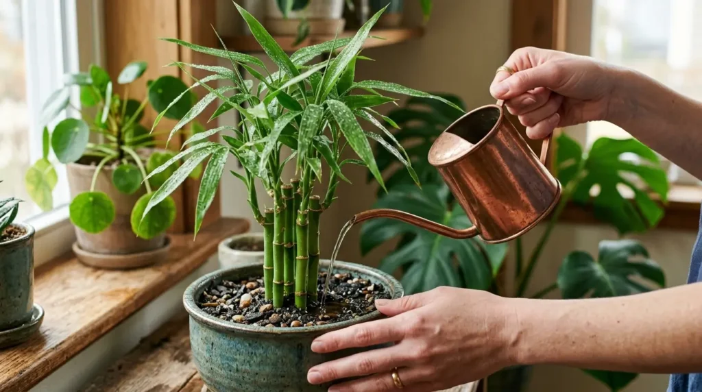 Person watering a potted houseplant indoors with a small watering can
