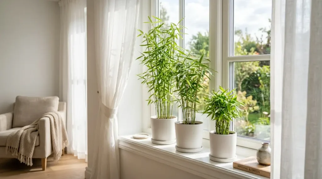 Potted bamboo plants placed on a bright indoor windowsill