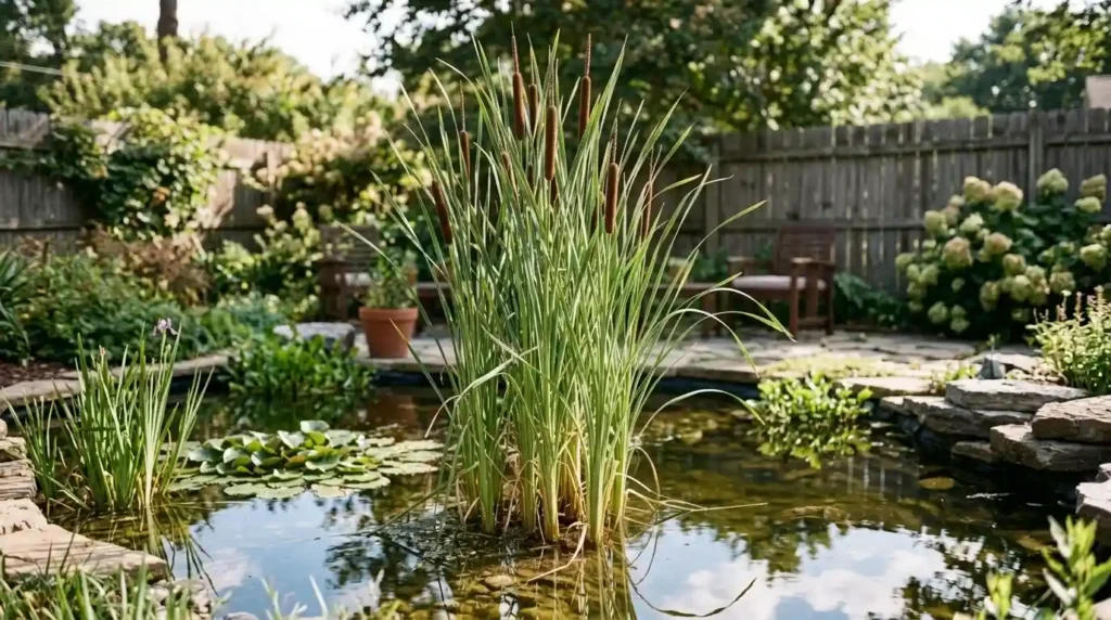 Cat tail plant growing beside a small pond in a backyard garden
