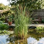 Cat tail plant growing beside a small pond in a backyard garden