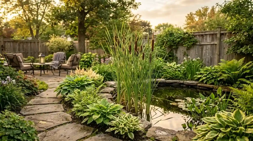 Cluster of cat tail plants in a backyard garden pond border
