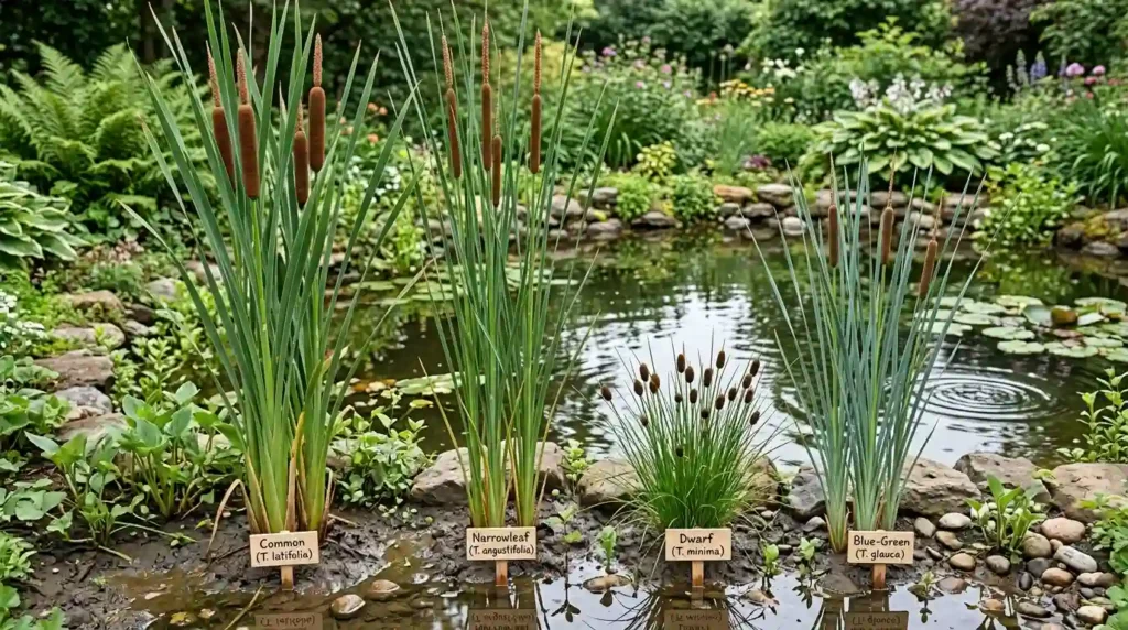 Different types of cat tail plant varieties growing together in a garden pond