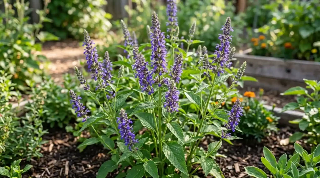 Chia plant with purple flower spikes growing in a sunny outdoor garden bed