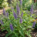 Chia plant with purple flower spikes growing in a sunny outdoor garden bed